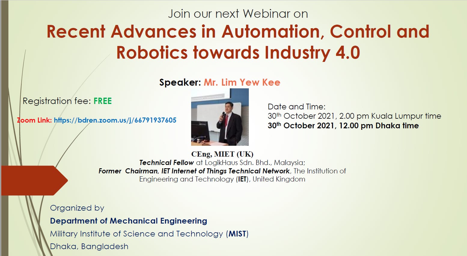 Webinar on Recent Advances in Automation, Control and Robotics towards Industry 4.0